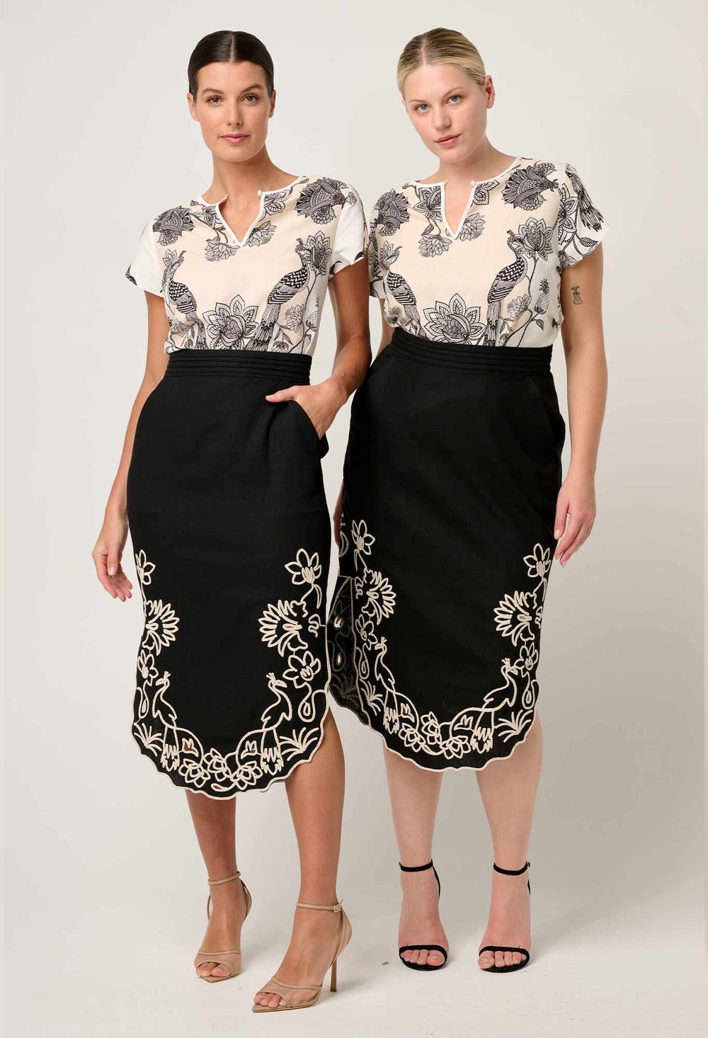 Cascadia Embroidered Linen Viscose Midi Skirt in Black