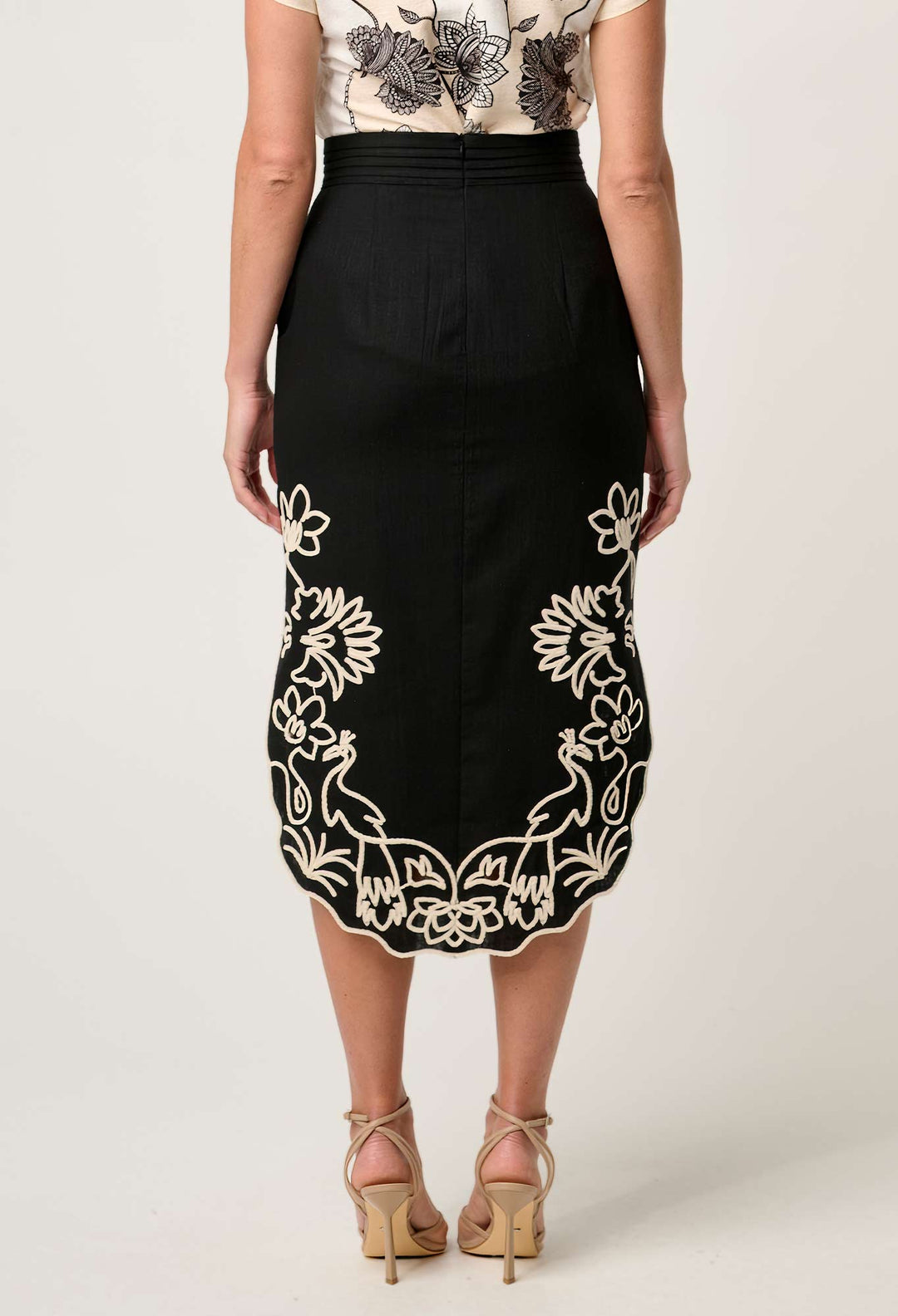 OnceWas Cascadia Embroidered Linen Viscose Midi Skirt in Black