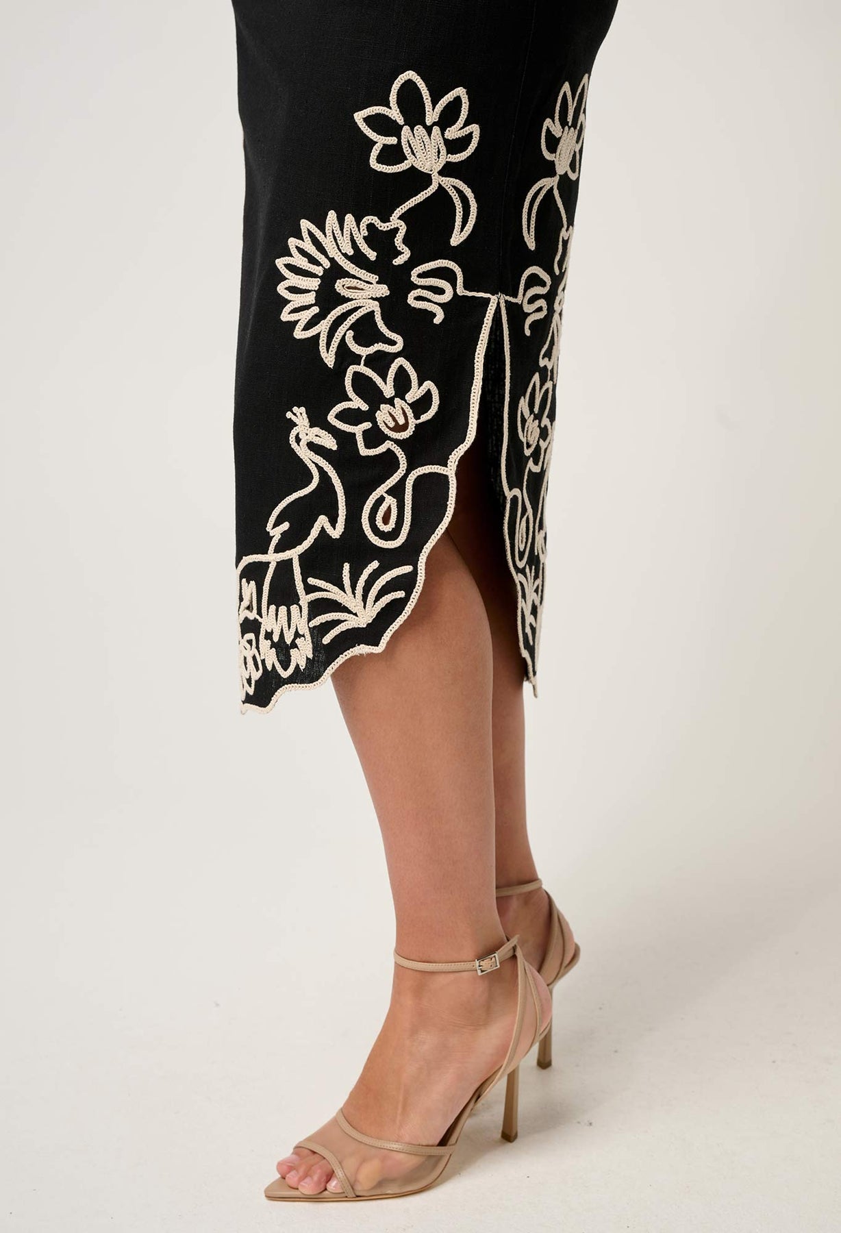 OnceWas Cascadia Embroidered Linen Viscose Midi Skirt in Black