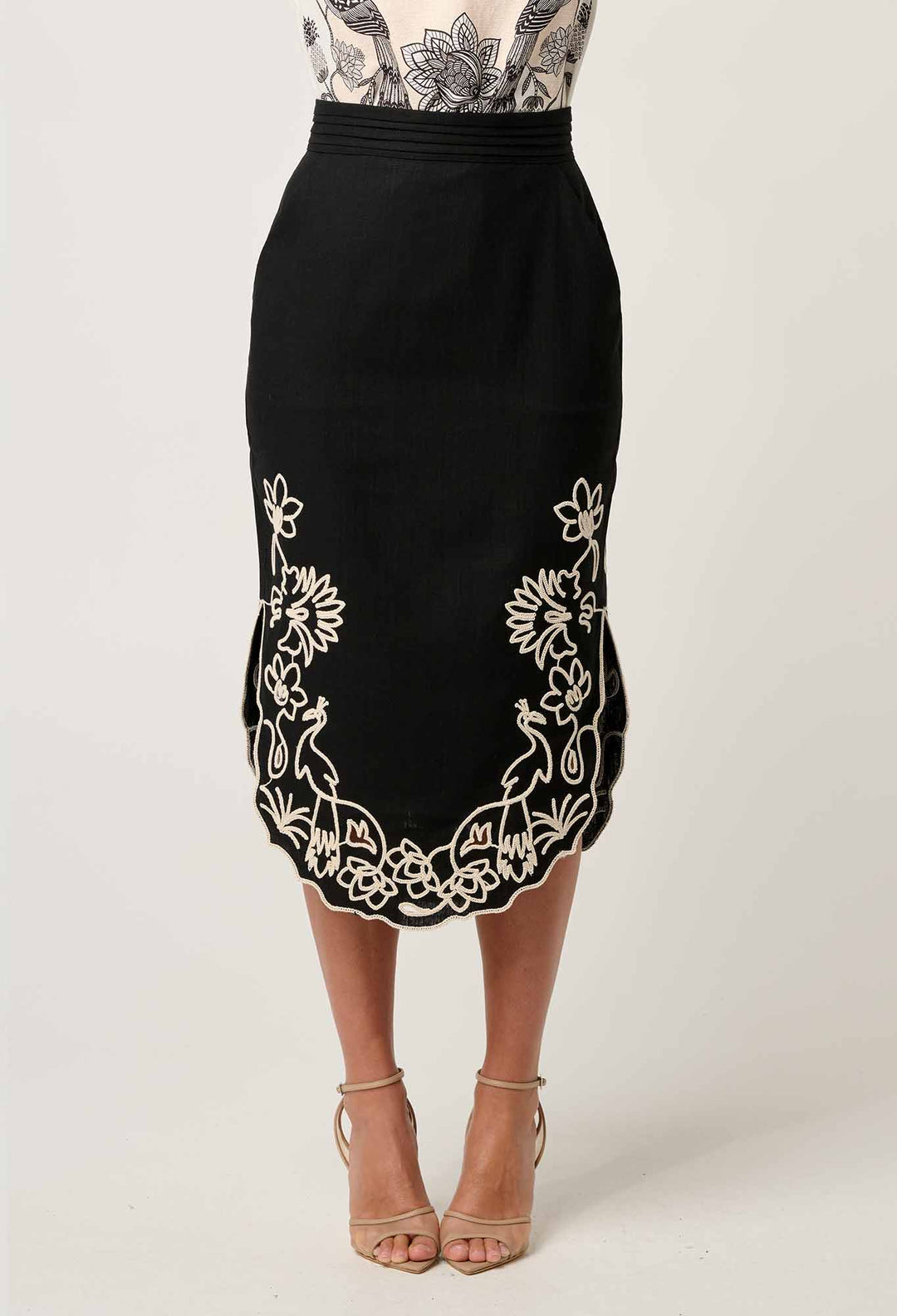 OnceWas Cascadia Embroidered Linen Viscose Midi Skirt in Black