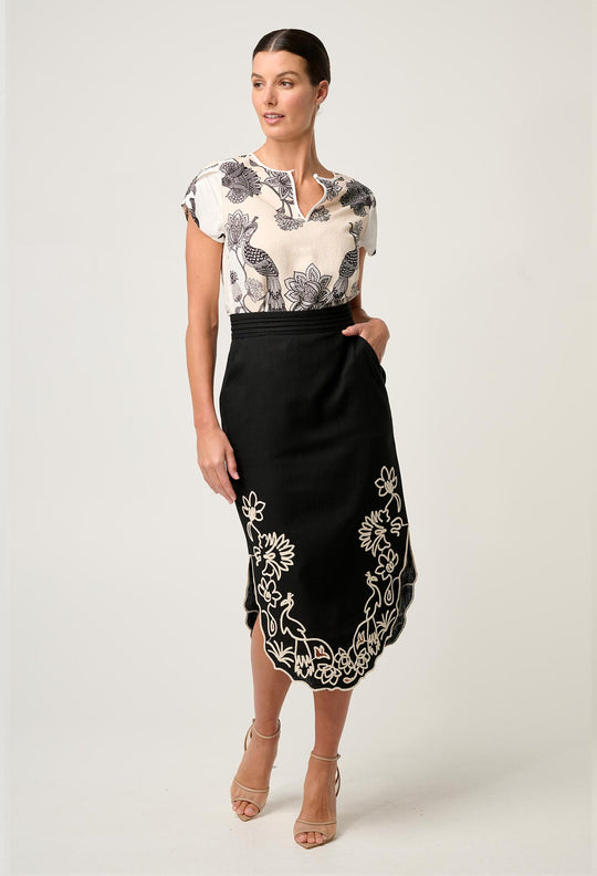 OnceWas Cascadia Embroidered Linen Viscose Midi Skirt in Black