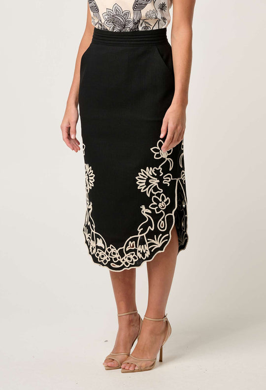 OnceWas Cascadia Embroidered Linen Viscose Midi Skirt in Black