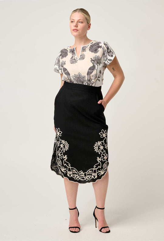 OnceWas Cascadia Embroidered Linen Viscose Midi Skirt in Black