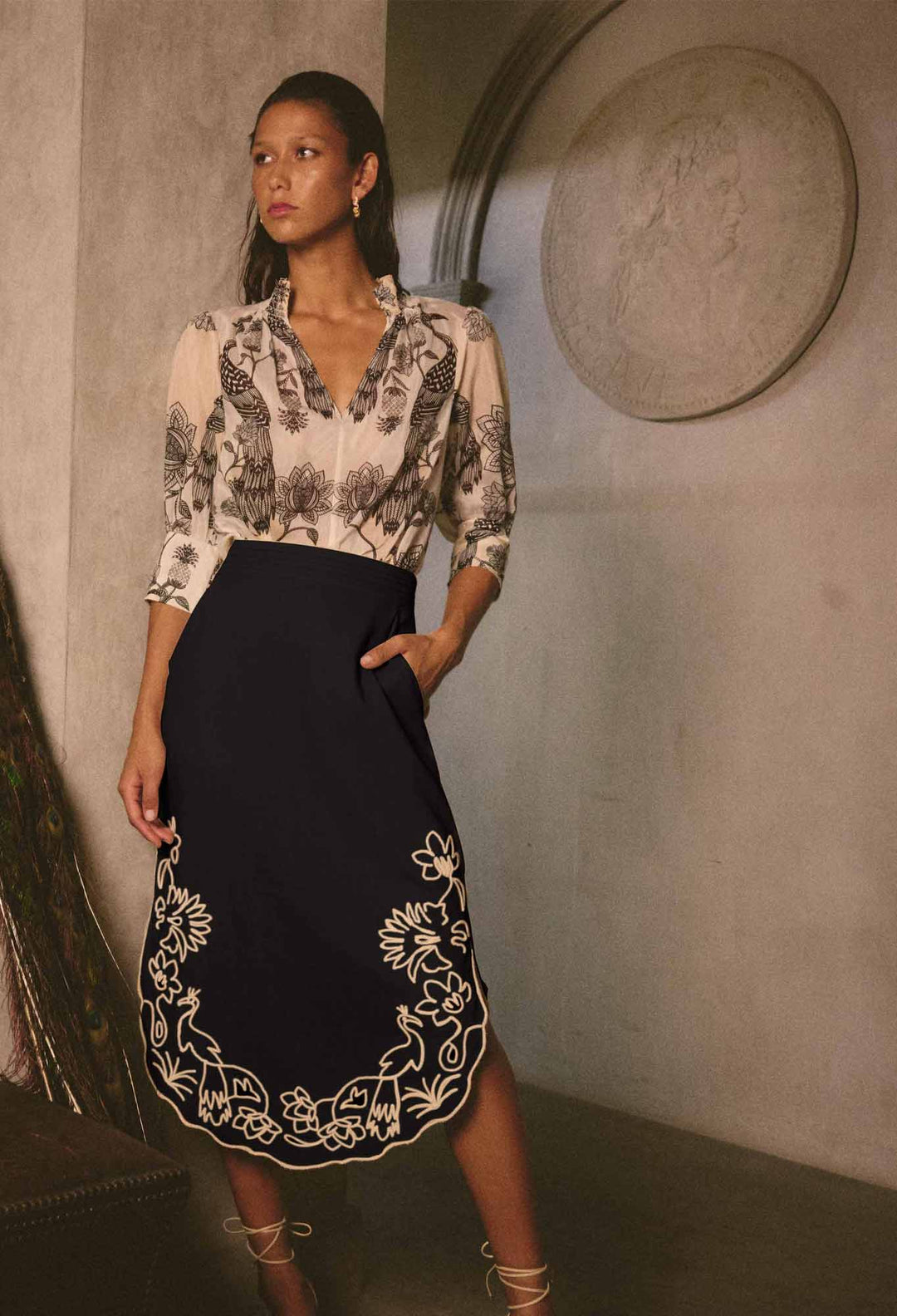 OnceWas Cascadia Embroidered Linen Viscose Midi Skirt in Black