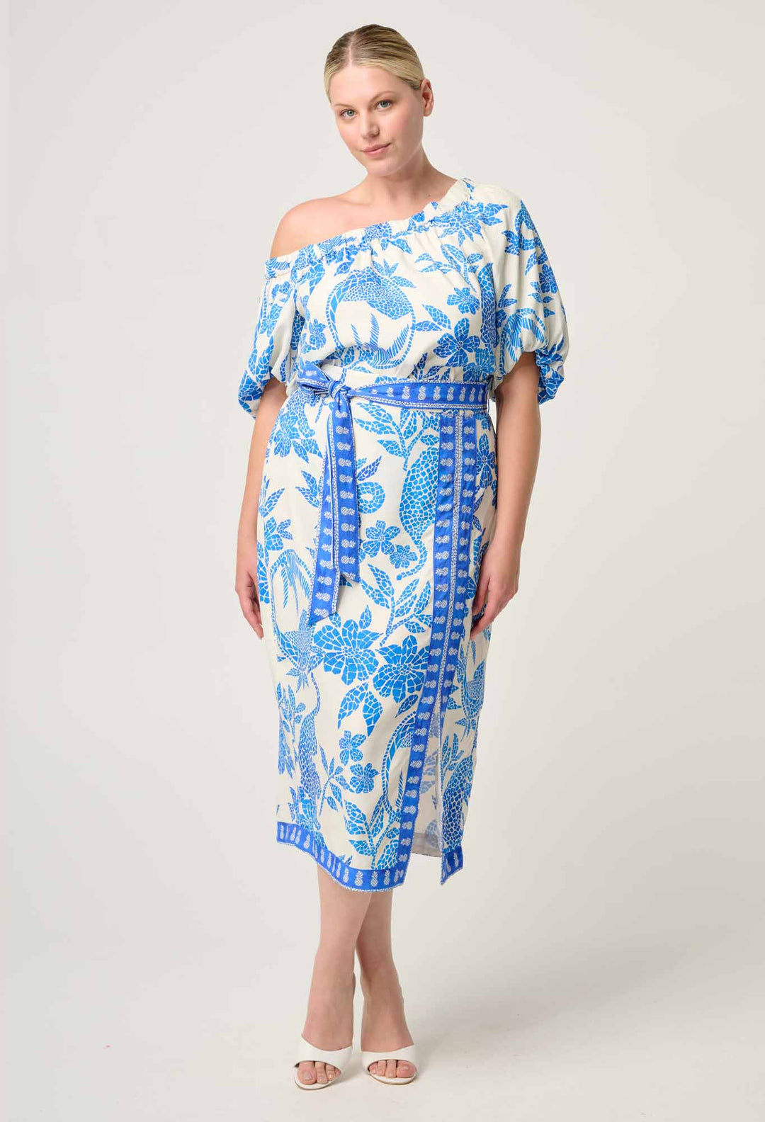 OnceWas Zenobia Viscose Dobby Midi Skirt in Azure Mosaic