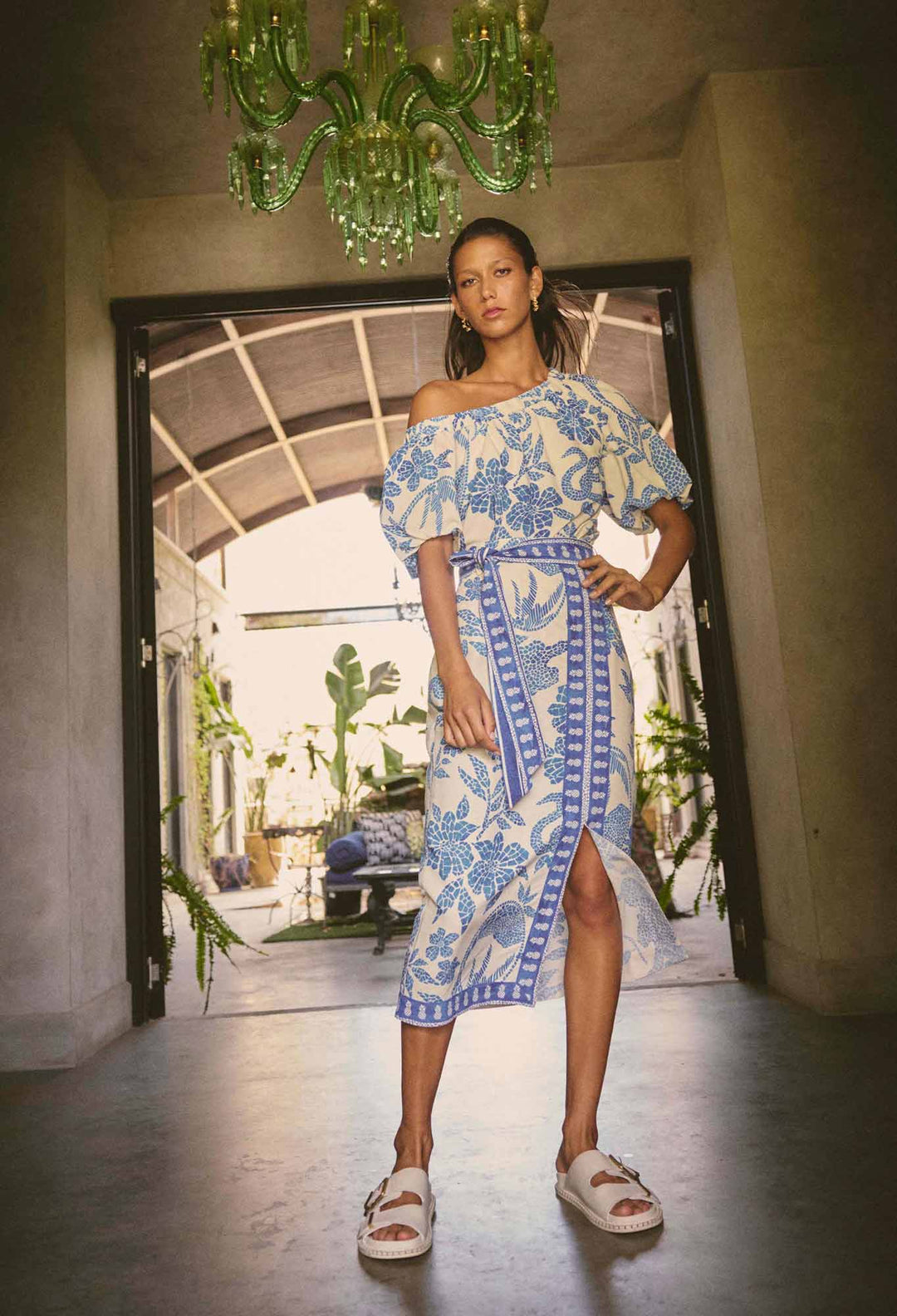 OnceWas Zenobia Viscose Dobby Midi Skirt in Azure Mosaic