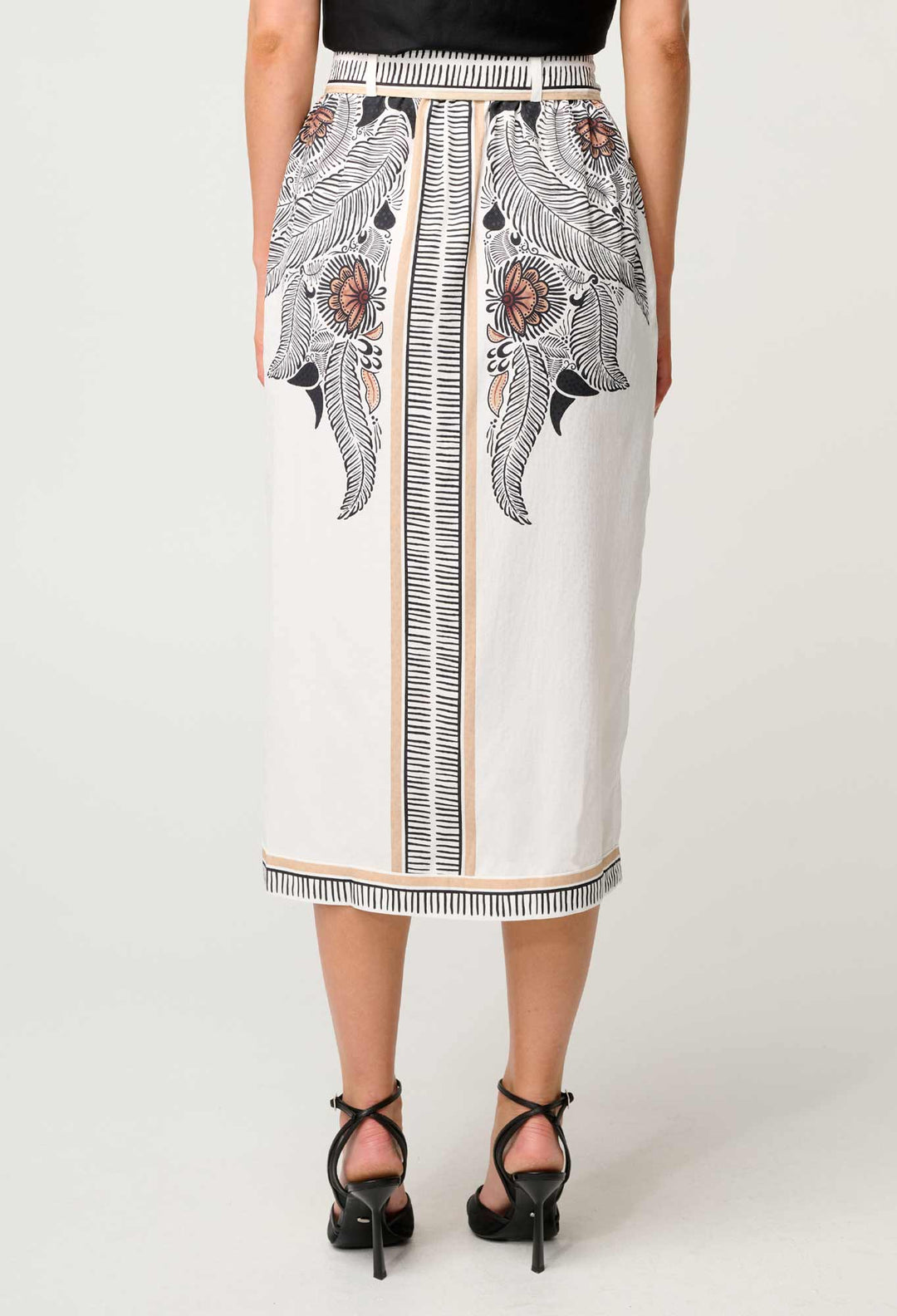 OnceWas Zenobia Contrast Trim Viscose Dobby Midi Skirt in Ivory Casablanca