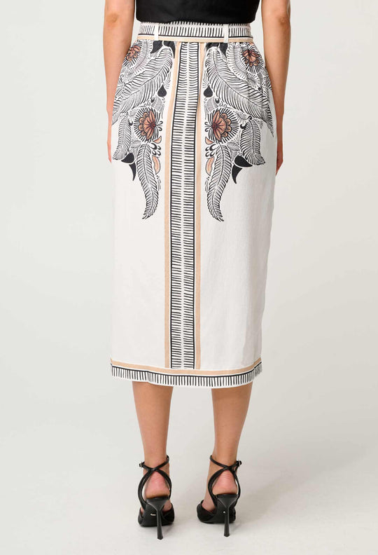 OnceWas Zenobia Contrast Trim Viscose Dobby Midi Skirt in Ivory Casablanca