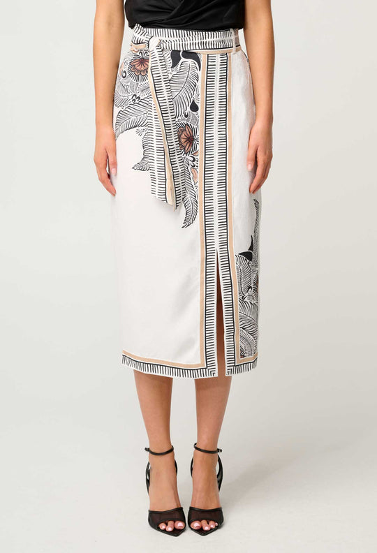 OnceWas Zenobia Contrast Trim Viscose Dobby Midi Skirt in Ivory Casablanca