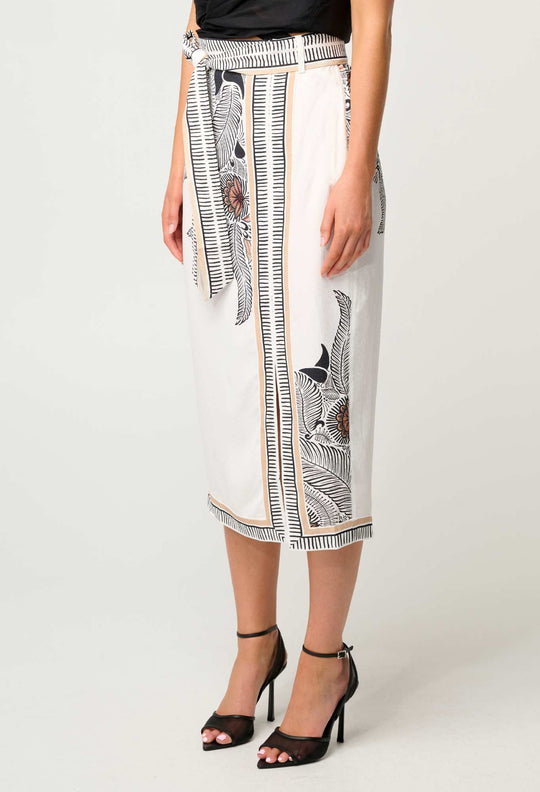 OnceWas Zenobia Contrast Trim Viscose Dobby Midi Skirt in Ivory Casablanca