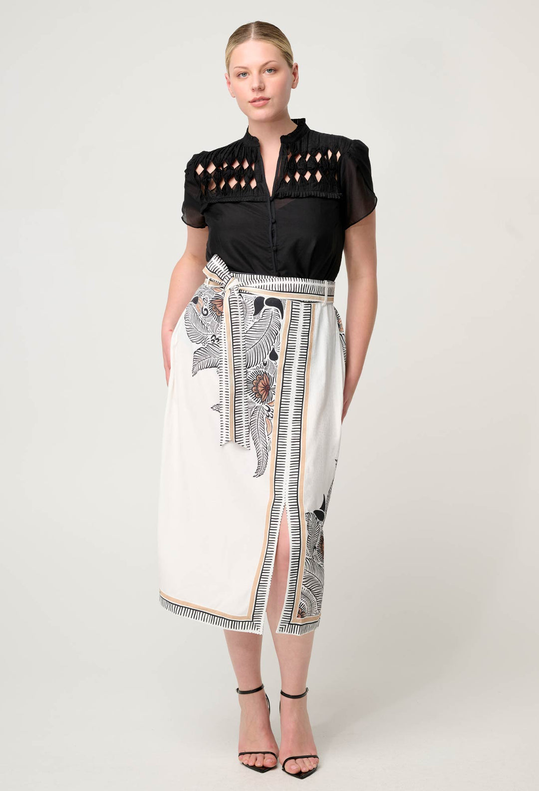 OnceWas Zenobia Contrast Trim Viscose Dobby Midi Skirt in Ivory Casablanca