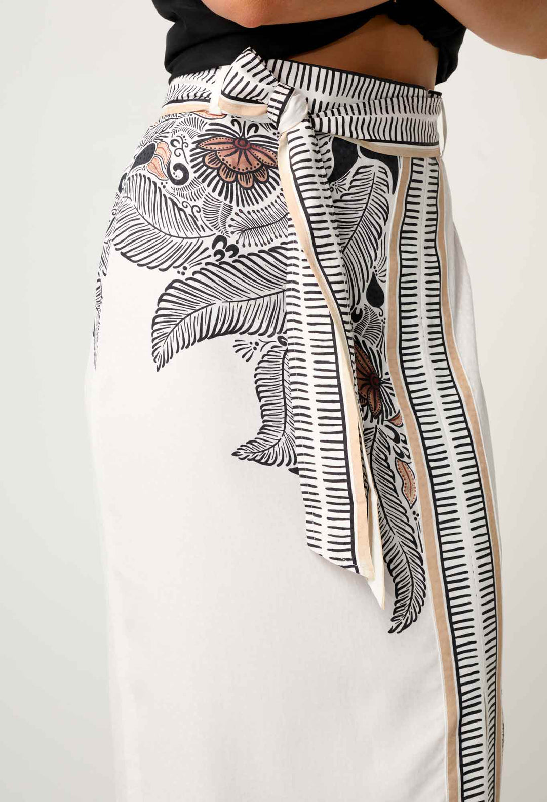 OnceWas Zenobia Contrast Trim Viscose Dobby Midi Skirt in Ivory Casablanca