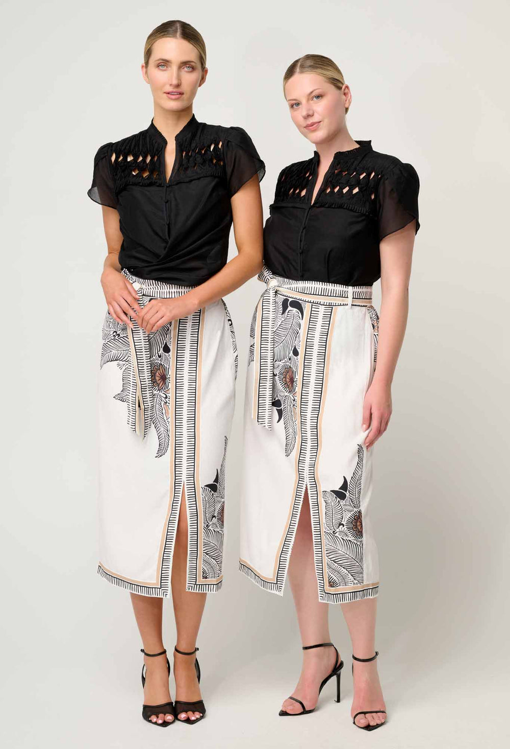 OnceWas Zenobia Contrast Trim Viscose Dobby Midi Skirt in Ivory Casablanca