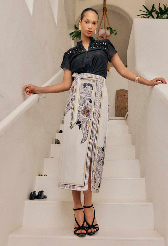 OnceWas Zenobia Contrast Trim Viscose Dobby Midi Skirt in Ivory Casablanca