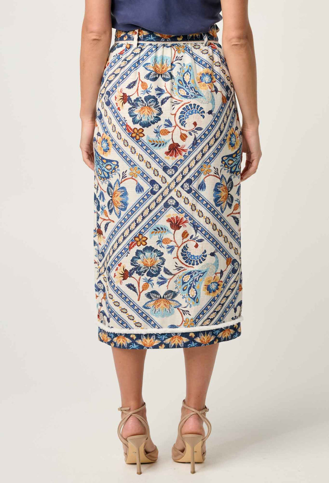 OnceWas Zenobia Viscose Fringe Midi Skirt in Petinos Floros