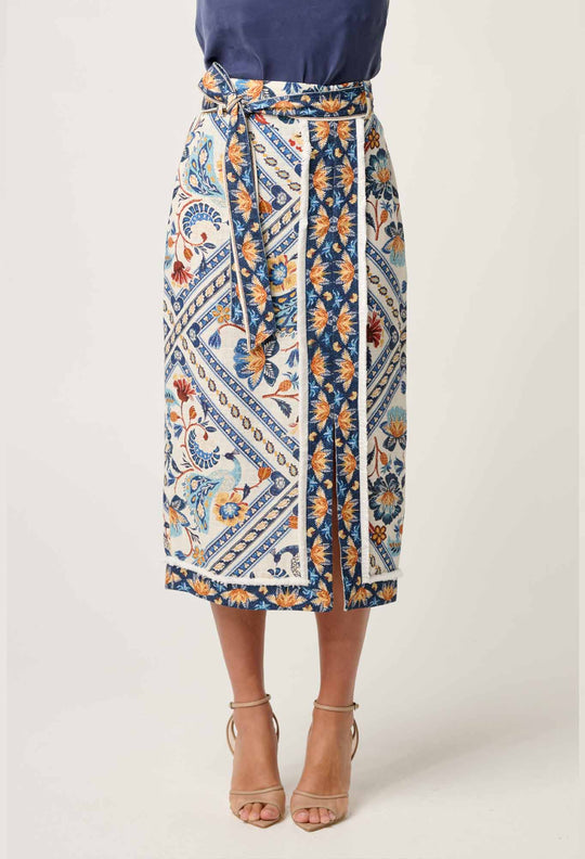 OnceWas Zenobia Viscose Fringe Midi Skirt in Petinos Floros