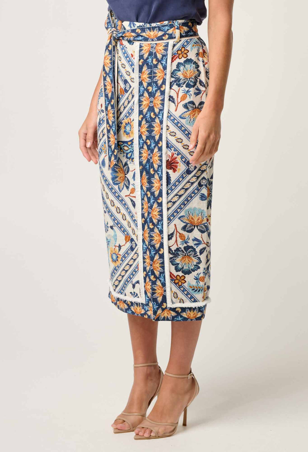 OnceWas Zenobia Viscose Fringe Midi Skirt in Petinos Floros
