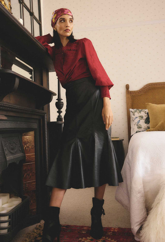 OnceWas Gayle Genuine Leather Panelled Skirt in Black