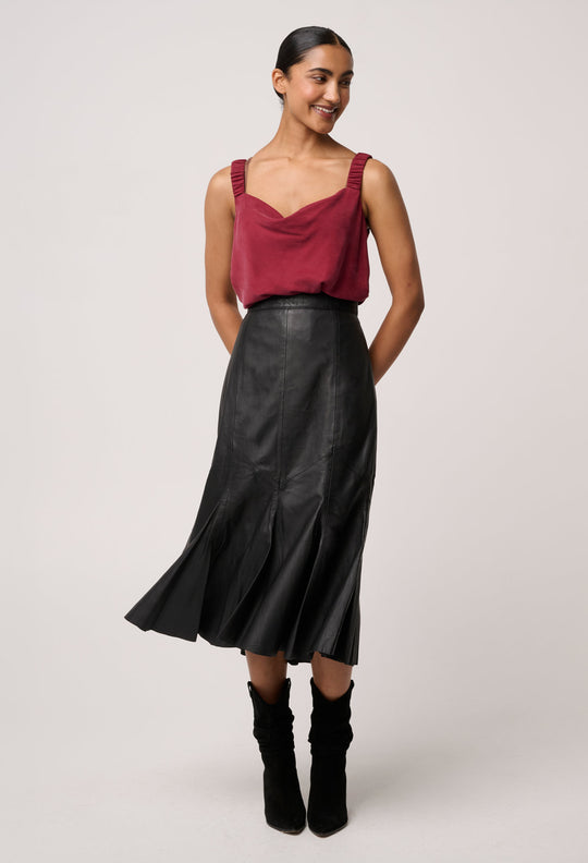 OnceWas Gayle Genuine Leather Panelled Skirt in Black