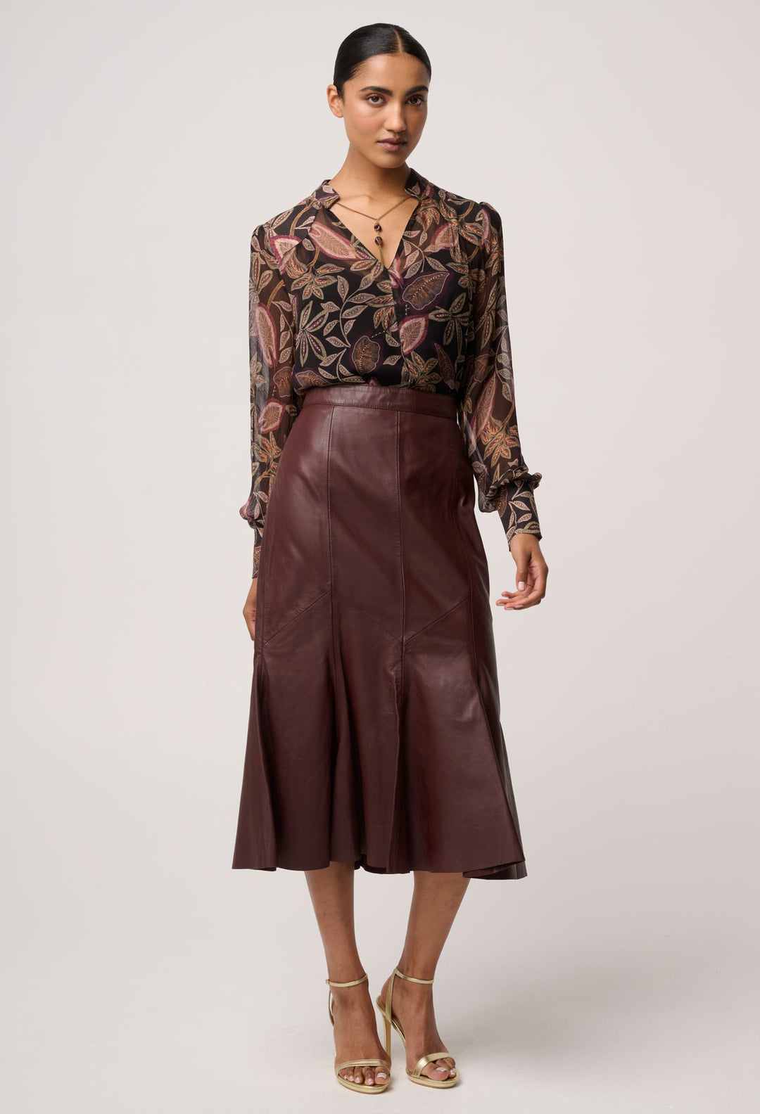 OnceWas Gayle Genuine Leather Panelled Skirt in Oxblood