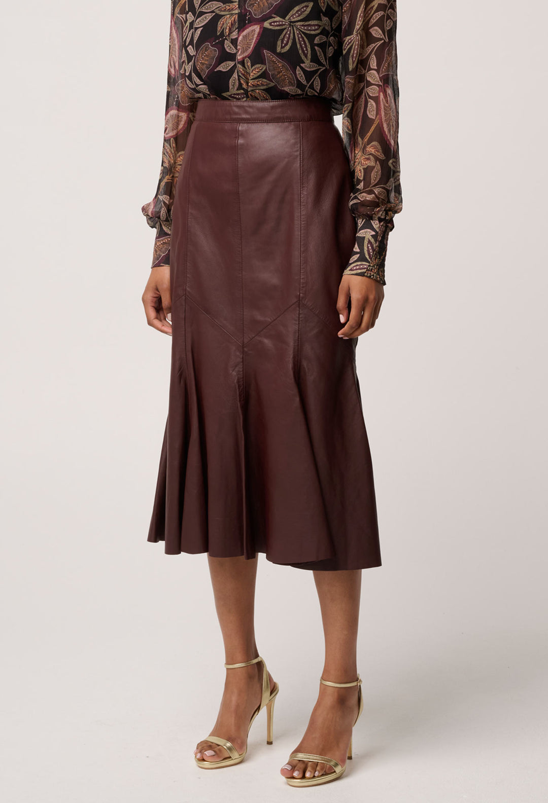 OnceWas Gayle Genuine Leather Panelled Skirt in Oxblood
