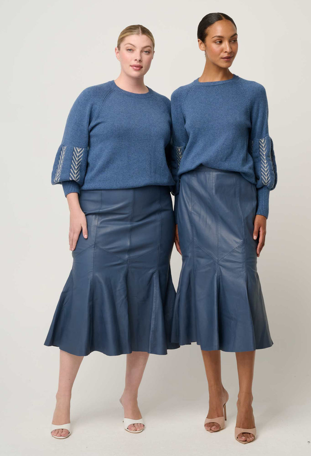 OnceWas Gayle Leather Godet Panelled Skirt in Stonewashed Blue