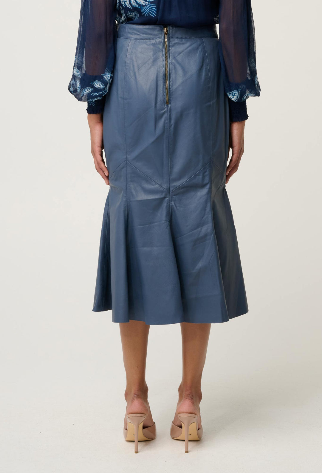 OnceWas Gayle Leather Godet Panelled Skirt in Stonewashed Blue