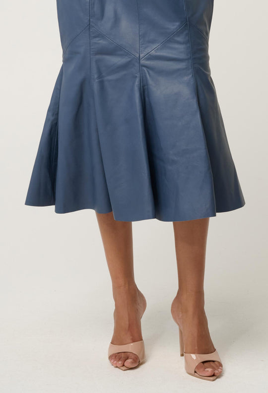 OnceWas Gayle Leather Godet Panelled Skirt in Stonewashed Blue