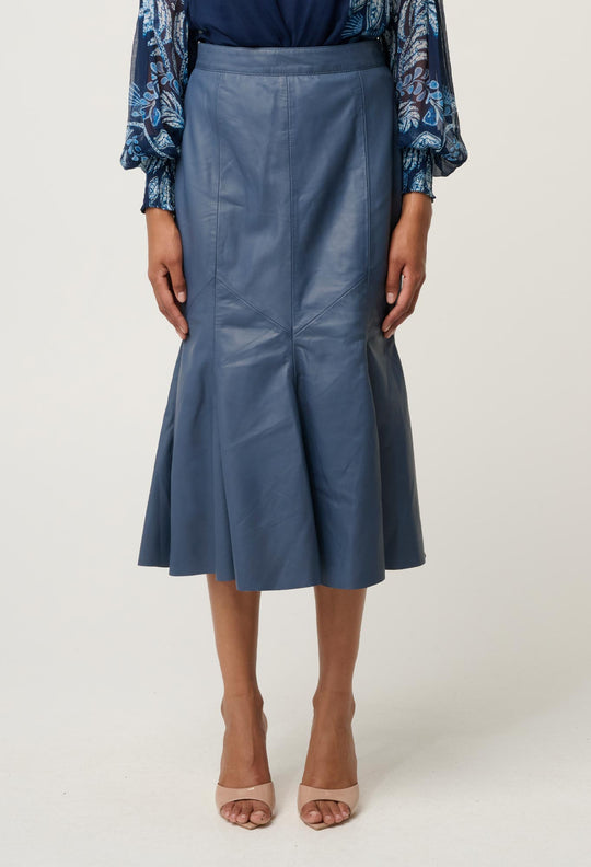 OnceWas Gayle Leather Godet Panelled Skirt in Stonewashed Blue