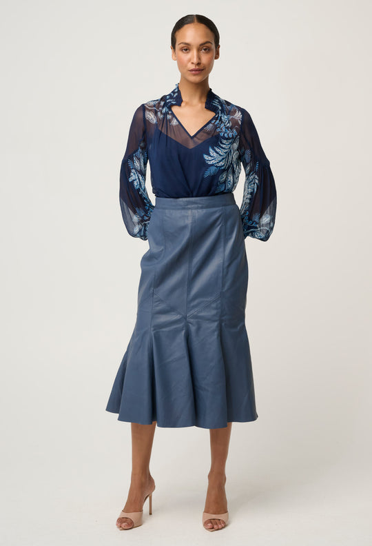 OnceWas Gayle Leather Godet Panelled Skirt in Stonewashed Blue