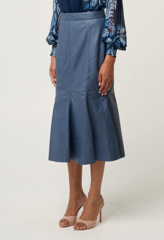 OnceWas Gayle Leather Godet Panelled Skirt in Stonewashed Blue
