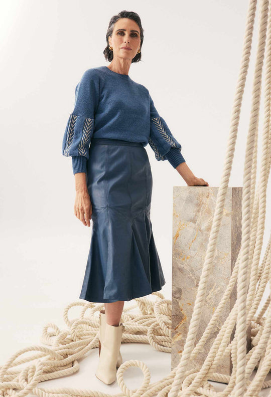 OnceWas Gayle Leather Godet Panelled Skirt in Stonewashed Blue