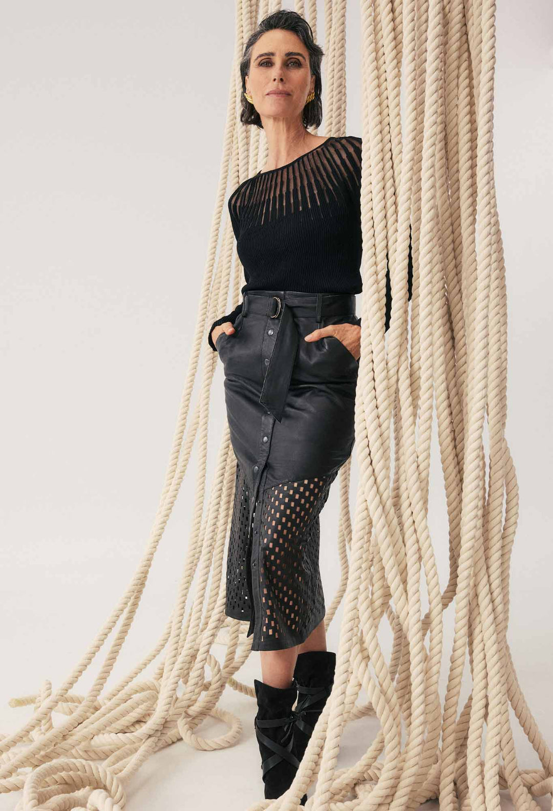 OnceWas Hypnotic Leather Custom Laser Midi Skirt in Black Lattice