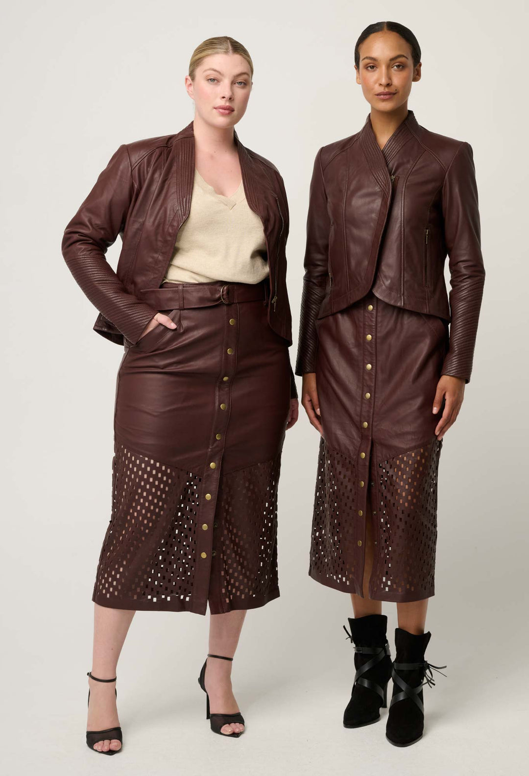 OnceWas Hypnotic Leather Custom Laser Midi Skirt in Oxblood