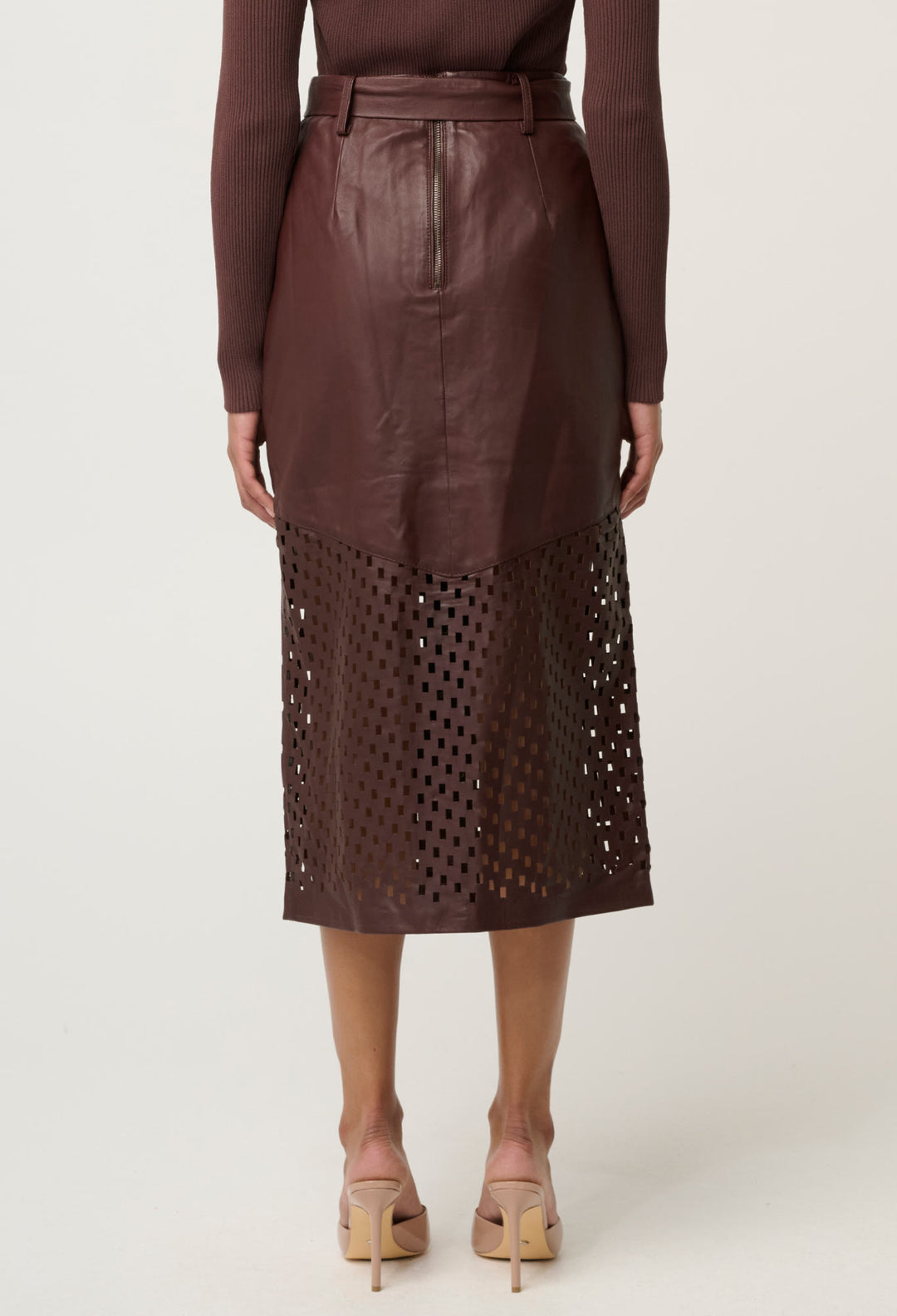 OnceWas Hypnotic Leather Custom Laser Midi Skirt in Oxblood