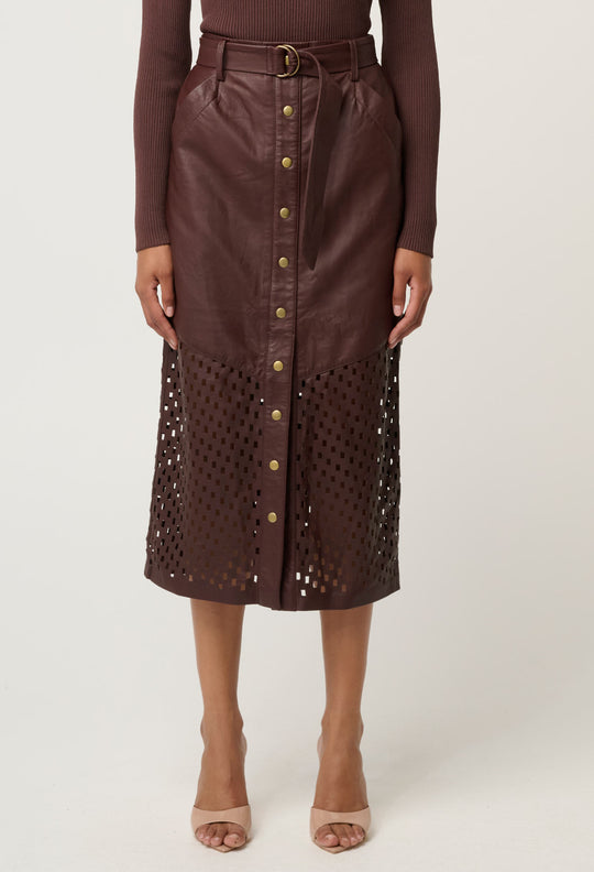 OnceWas Hypnotic Leather Custom Laser Midi Skirt in Oxblood