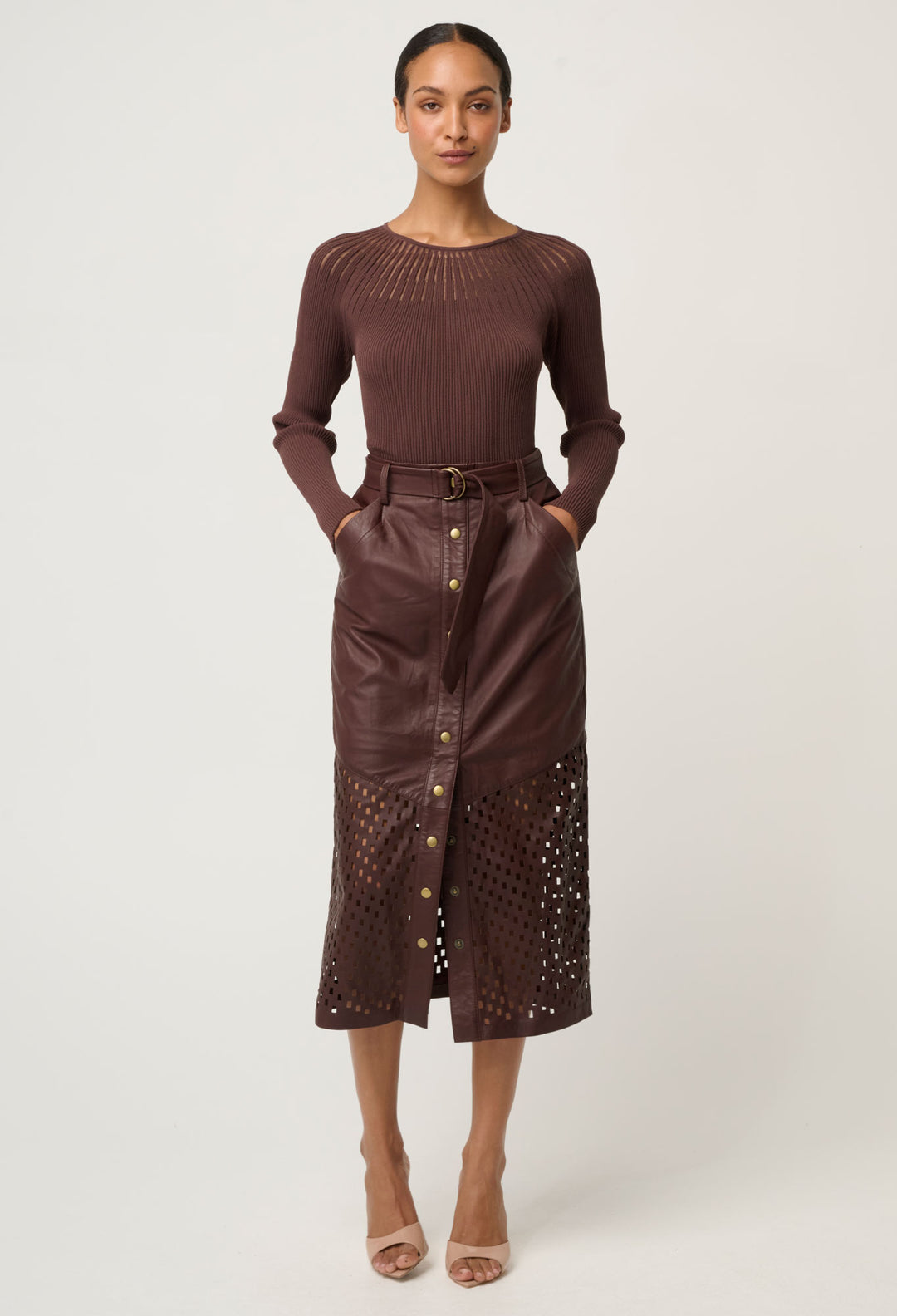 OnceWas Hypnotic Leather Custom Laser Midi Skirt in Oxblood
