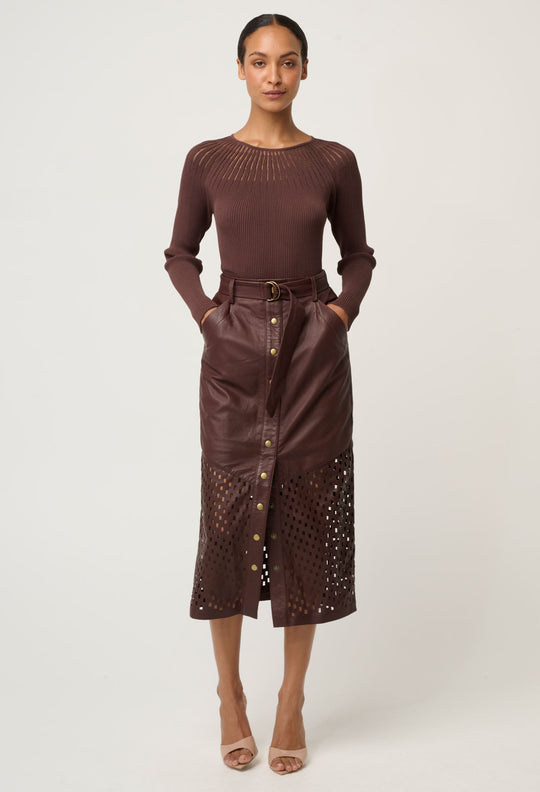 OnceWas Hypnotic Leather Custom Laser Midi Skirt in Oxblood