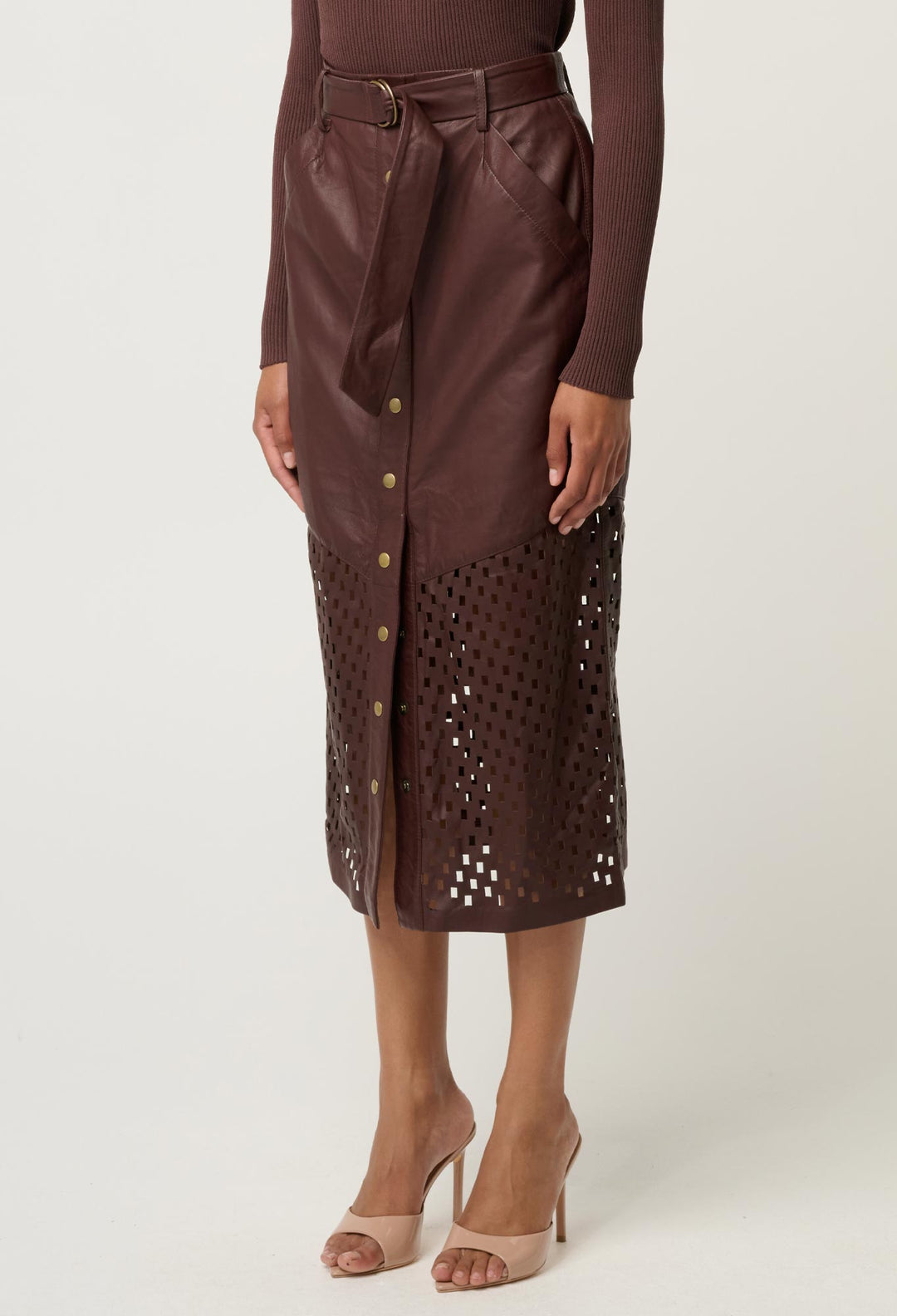 OnceWas Hypnotic Leather Custom Laser Midi Skirt in Oxblood