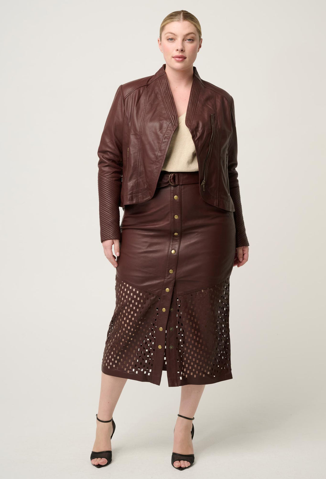 OnceWas Hypnotic Leather Custom Laser Midi Skirt in Oxblood