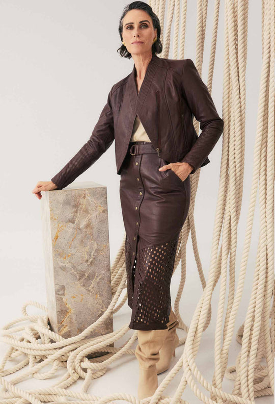 OnceWas Hypnotic Leather Custom Laser Midi Skirt in Oxblood