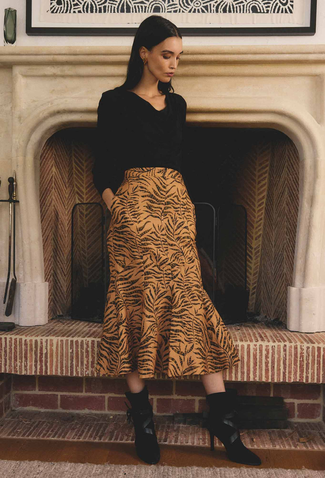 OnceWas Gayle Linen Viscose Panelled Print Skirt in Exotica