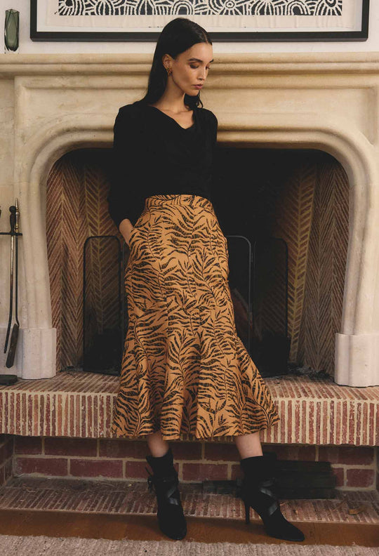OnceWas Gayle Linen Viscose Panelled Print Skirt in Exotica