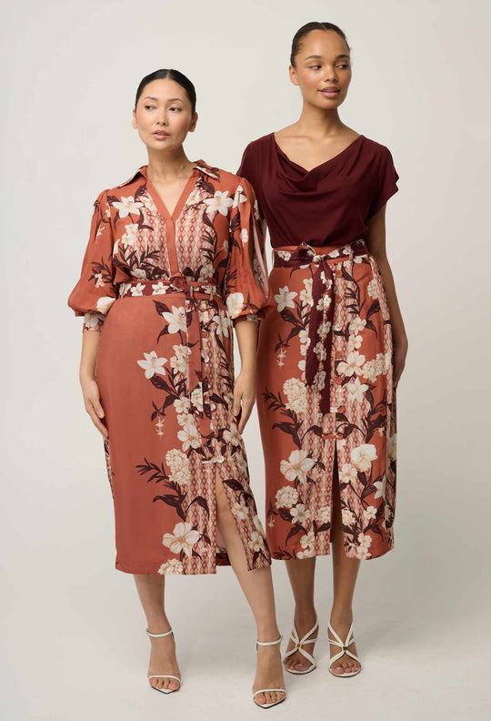 OnceWas UNDER 5'4 Adria Viscose Faille Button Midi Skirt in Amber Vine