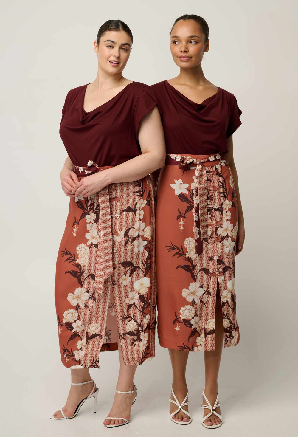 OnceWas Adria Viscose Faille Button Detail Printed Midi Skirt in Amber Vine