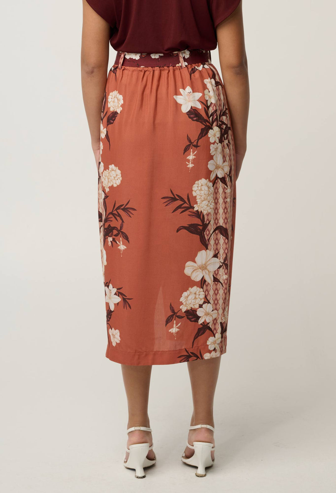 OnceWas Adria Viscose Faille Button Detail Printed Midi Skirt in Amber Vine