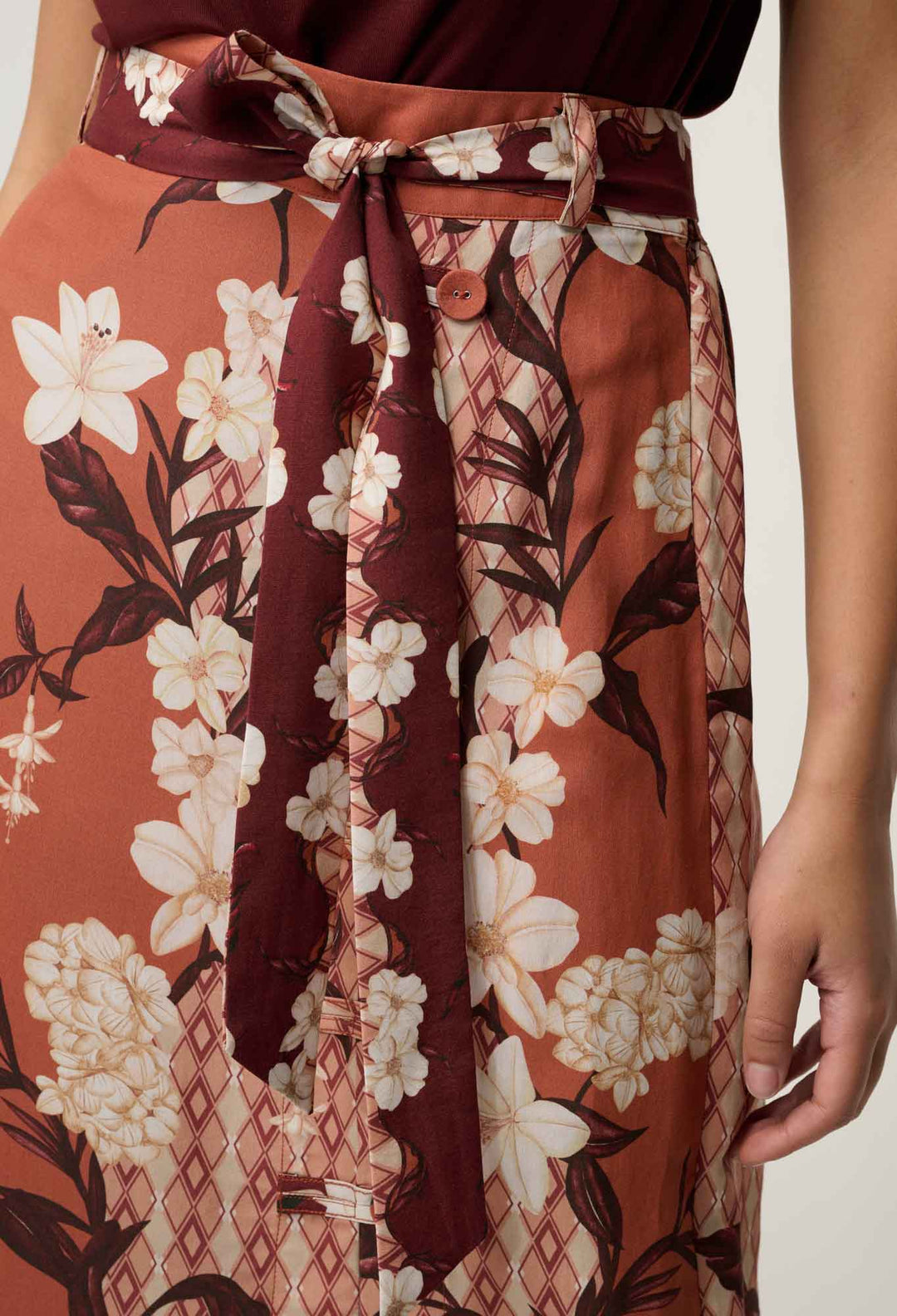 OnceWas Adria Viscose Faille Button Detail Printed Midi Skirt in Amber Vine