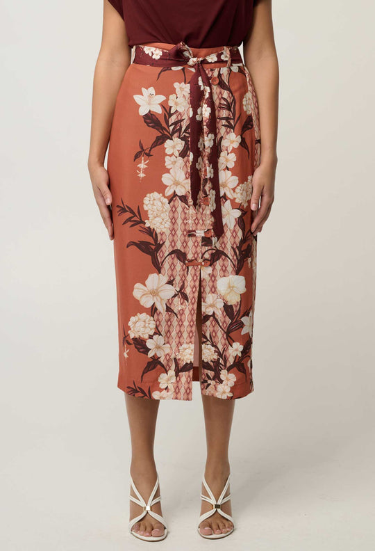 OnceWas Adria Viscose Faille Button Detail Printed Midi Skirt in Amber Vine