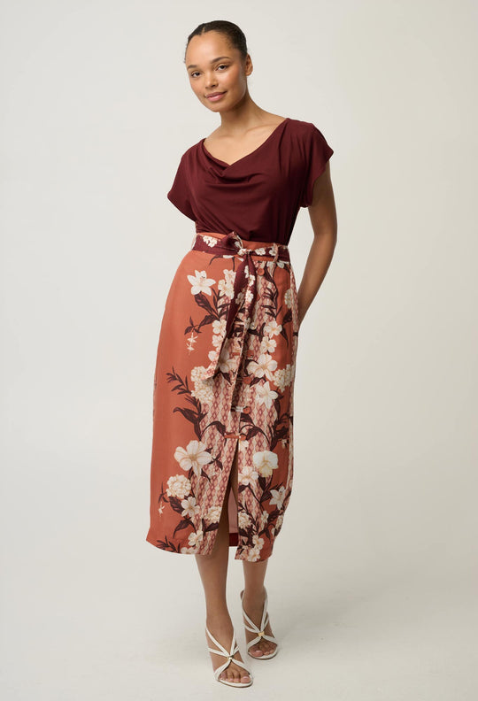 OnceWas Adria Viscose Faille Button Detail Printed Midi Skirt in Amber Vine