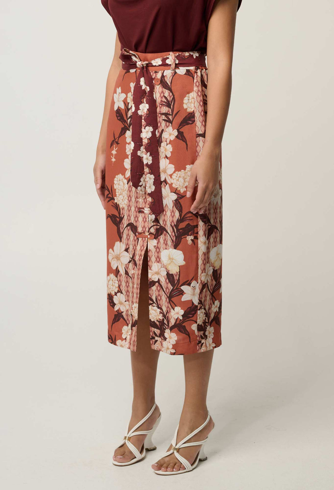 OnceWas Adria Viscose Faille Button Detail Printed Midi Skirt in Amber Vine